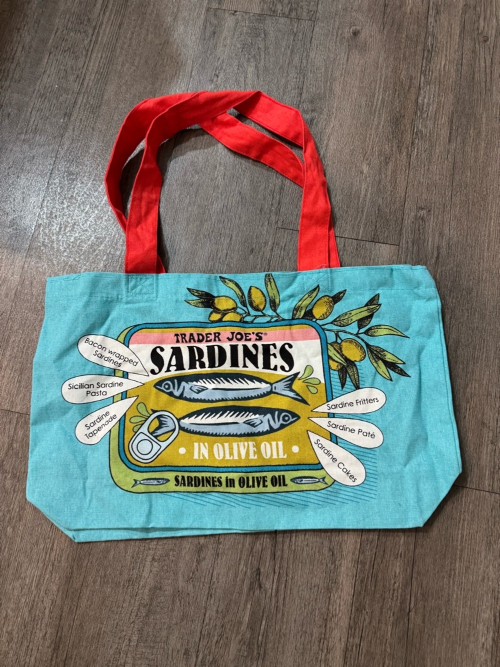 Trader Joe's Sardines Canvas Tote Bag in Aqua with Red Handles